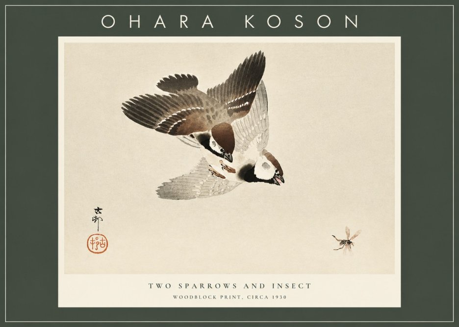 Ohara Koson Two Sparrows and Insect No2 - Plakat