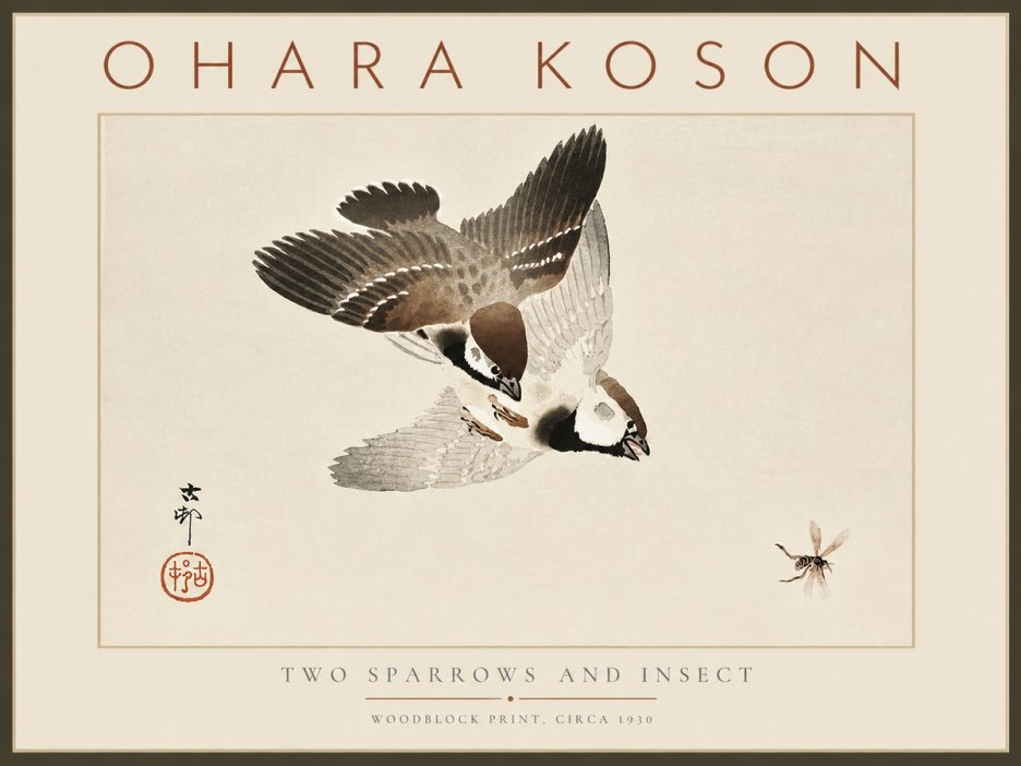 Ohara Koson Two Sparrows and Insect No6 - Plakat