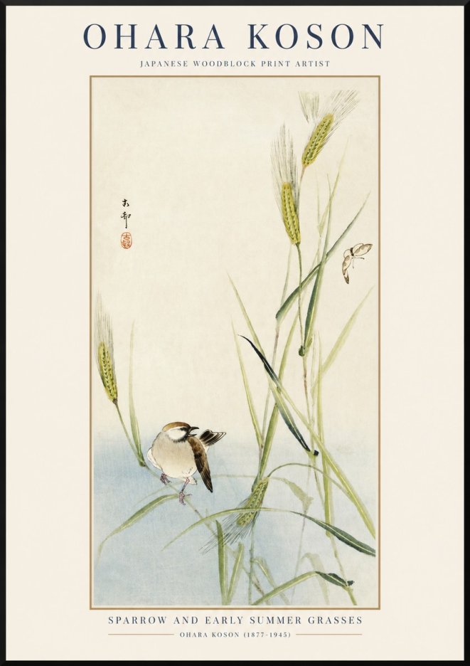 Ohara Koson Sparrow and Early Summer Grasses No1 - Plakat