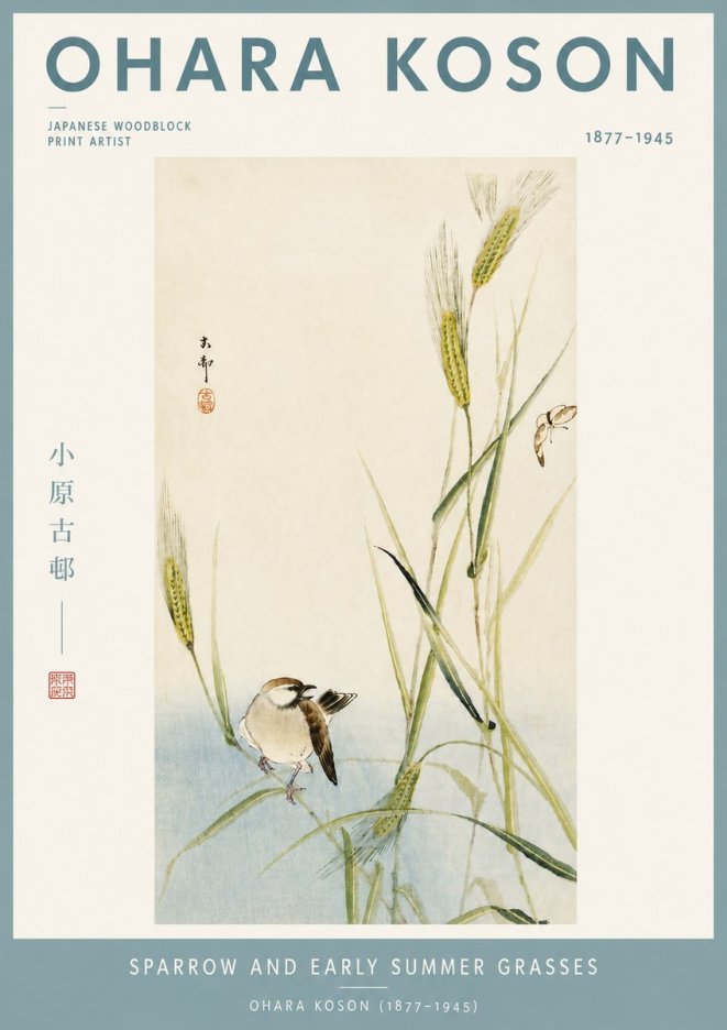 Ohara Koson Sparrow and Early Summer Grasses No4 - Plakat