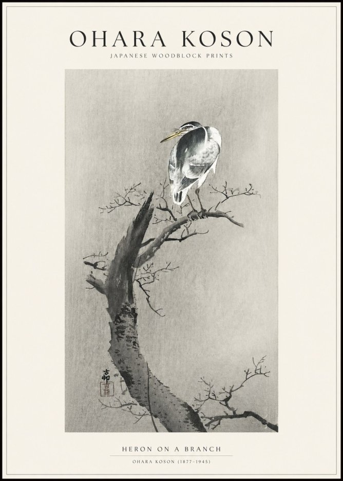 Ohara Koson Heron on a Branch No1 - Plakat