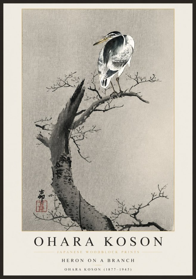 Ohara Koson Heron on a Branch No4 - Plakat