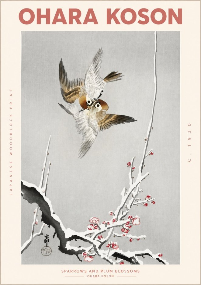 Ohara Koson Sparrows and Plum Blossoms No2 - Plakat