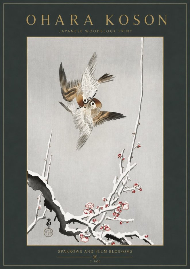 Ohara Koson Sparrows and Plum Blossoms No3 - Plakat
