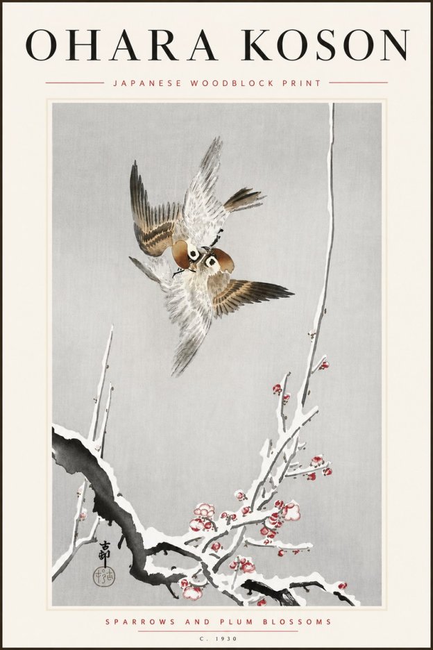 Ohara Koson Sparrows and Plum Blossoms No5 - Plakat