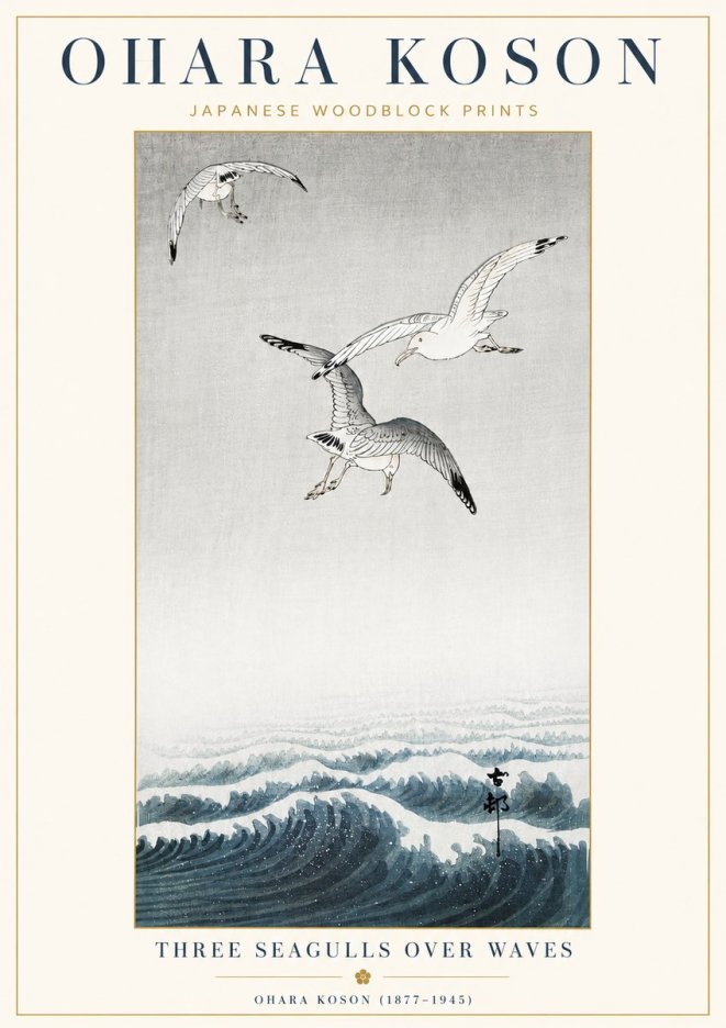 Ohara Koson Three Seagulls over Waves No4 - Plakat