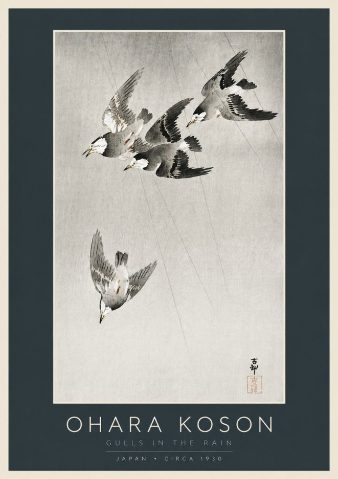 Ohara Koson Gulls in the Rain No2 - Plakat