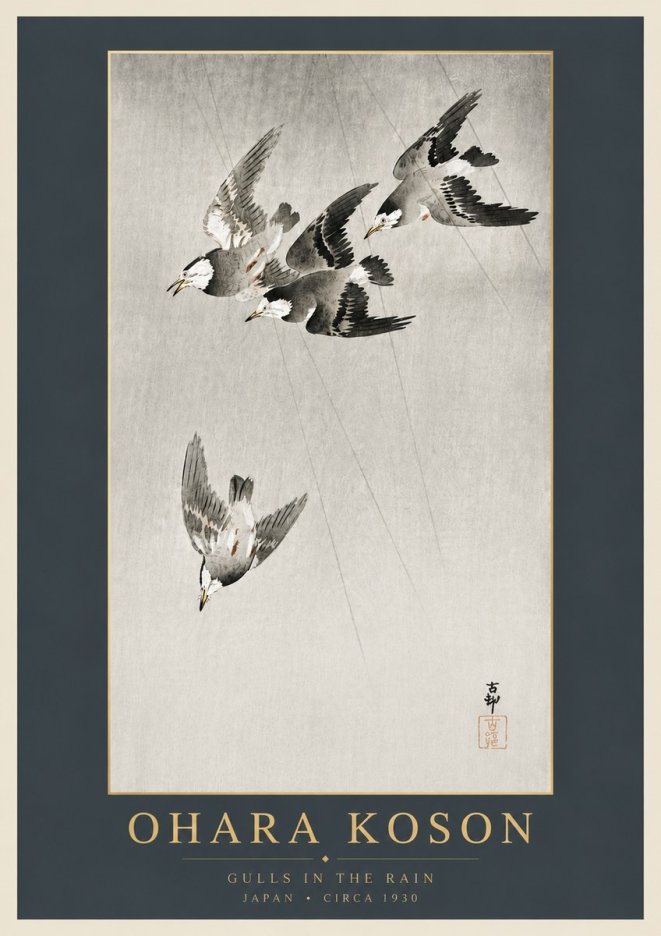 Ohara Koson Gulls in the Rain No6 - Plakat