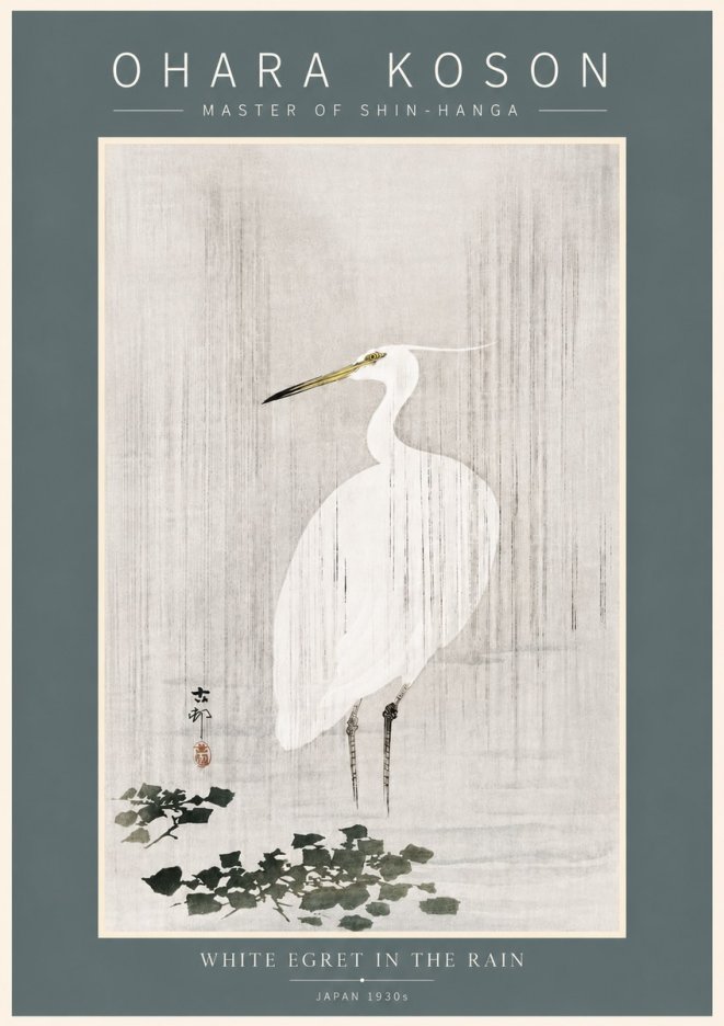 Ohara Koson White Egret in the Rain No5 - Plakat