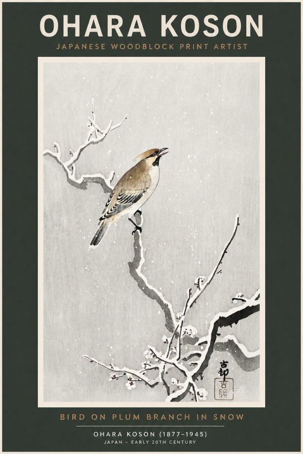 Ohara Koson Bird on Plum Branch in Snow No2 - Plakat