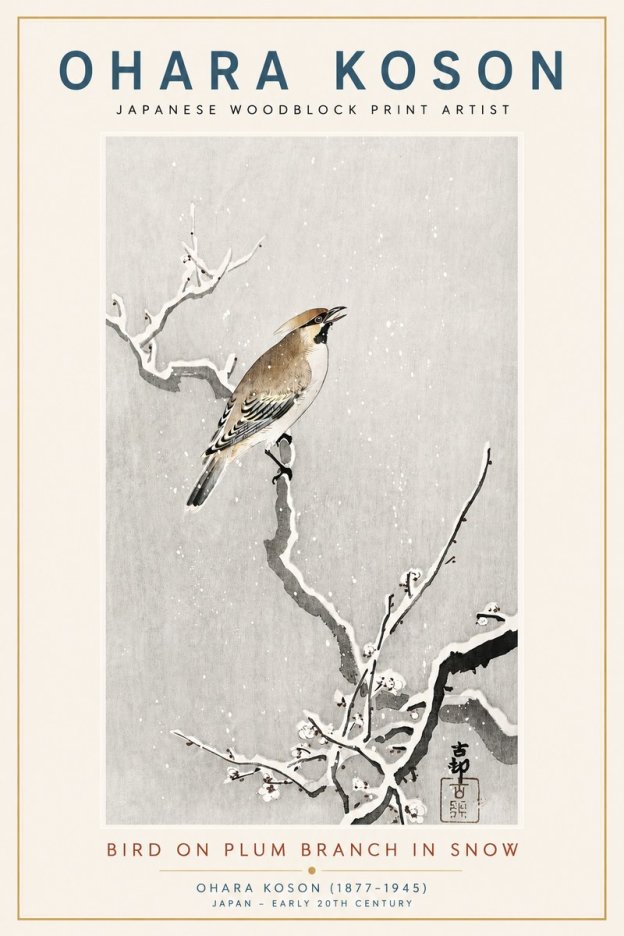 Ohara Koson Bird on Plum Branch in Snow No3 - Plakat