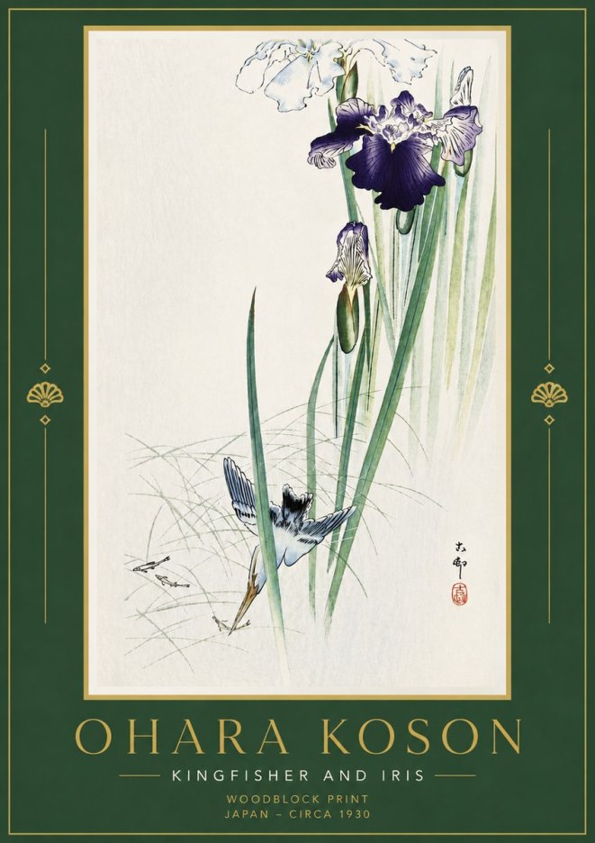 Ohara Koson Kingfisher and Iris No6 - Plakat