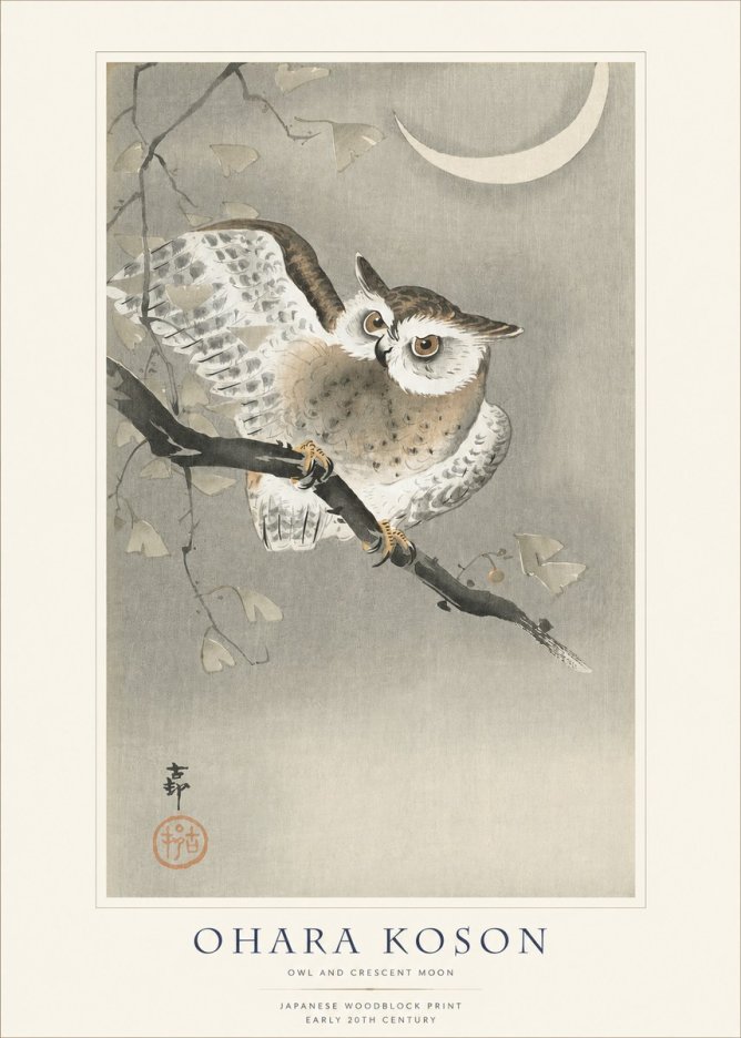 Ohara Koson Owl and Crescent Moon No1 - Plakat