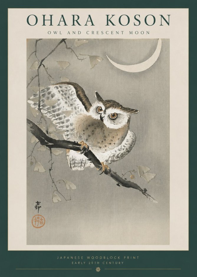 Ohara Koson Owl and Crescent Moon No6 - Plakat