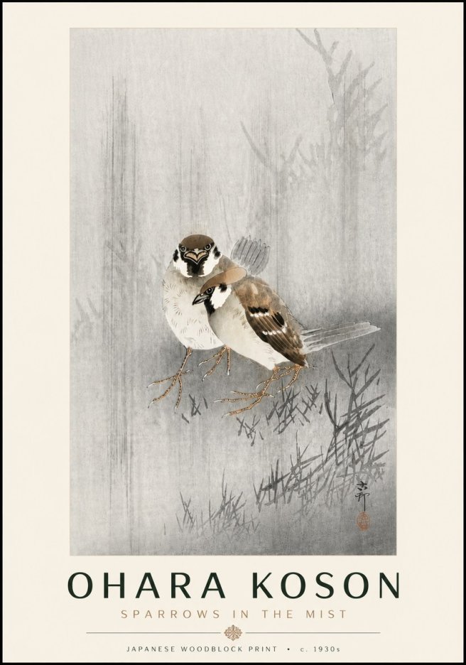 Ohara Koson Sparrows in the Mist No6 - Plakat