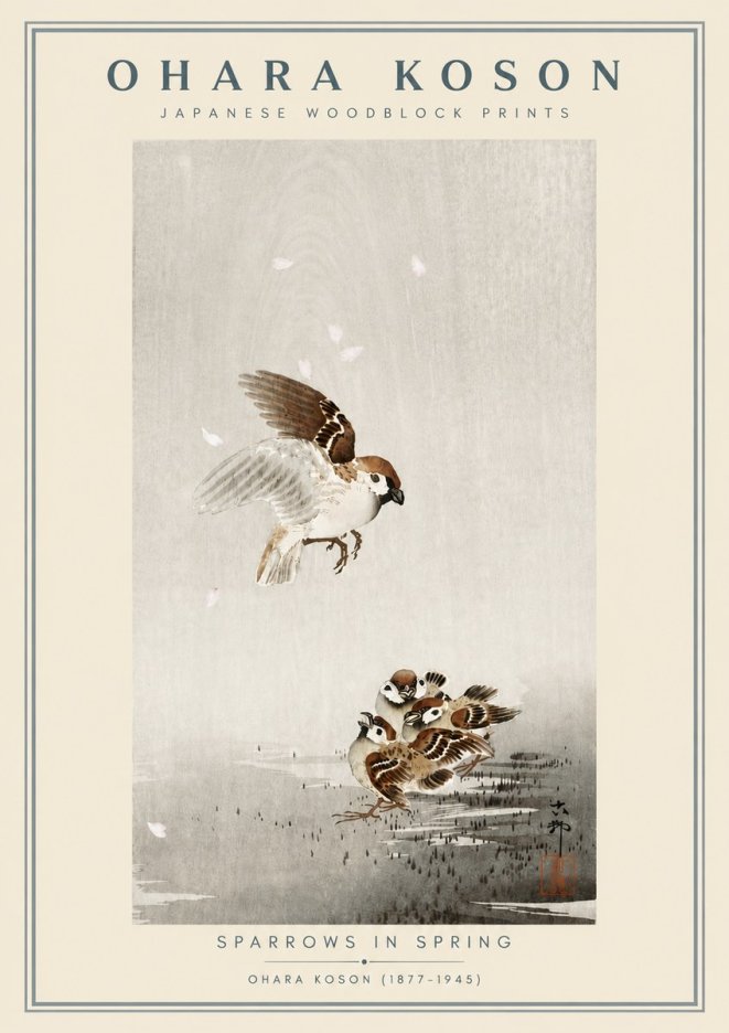 Ohara Koson Sparrows in Spring No6 - Plakat
