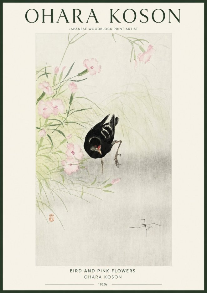 Ohara Koson Bird and Pink Flowers No1 - Plakat