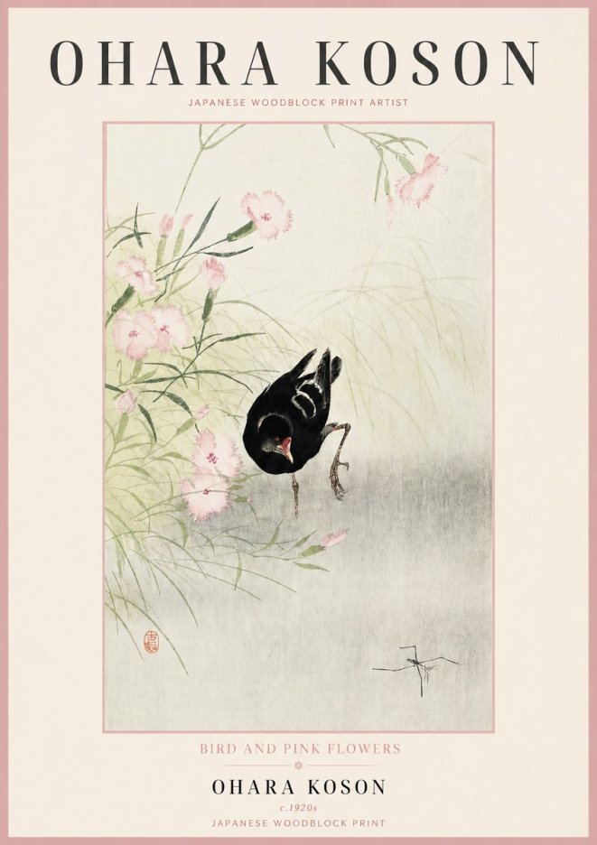Ohara Koson Bird and Pink Flowers No2 - Plakat