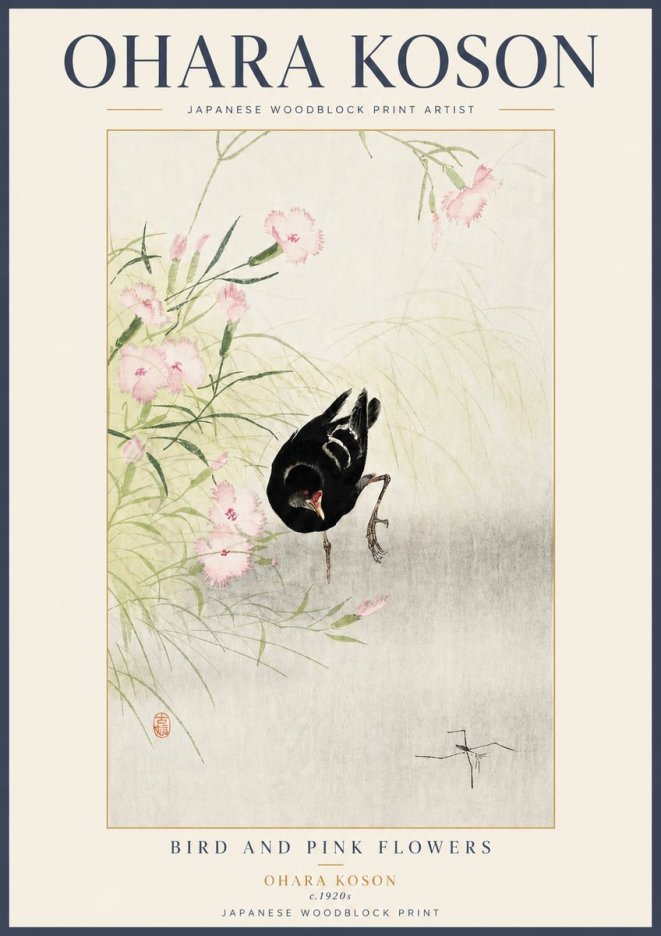 Ohara Koson Bird and Pink Flowers No3 - Plakat