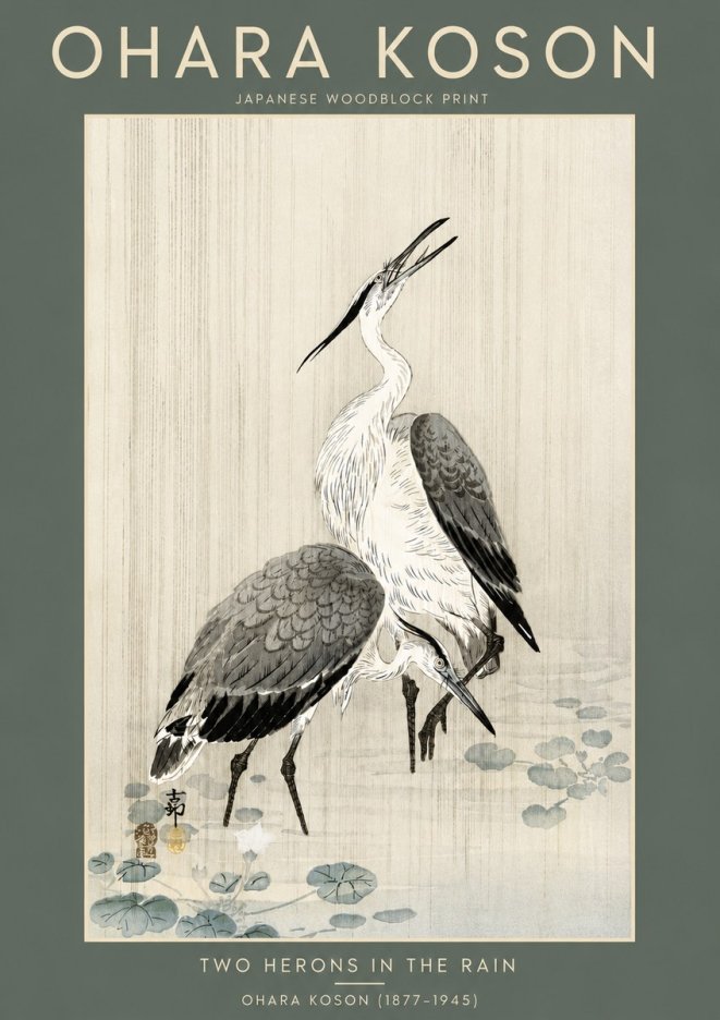 Ohara Koson Two Herons in the Rain No5 - Plakat