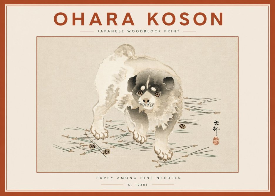 Ohara Koson Puppy Among Pine Needles No6 - Plakat