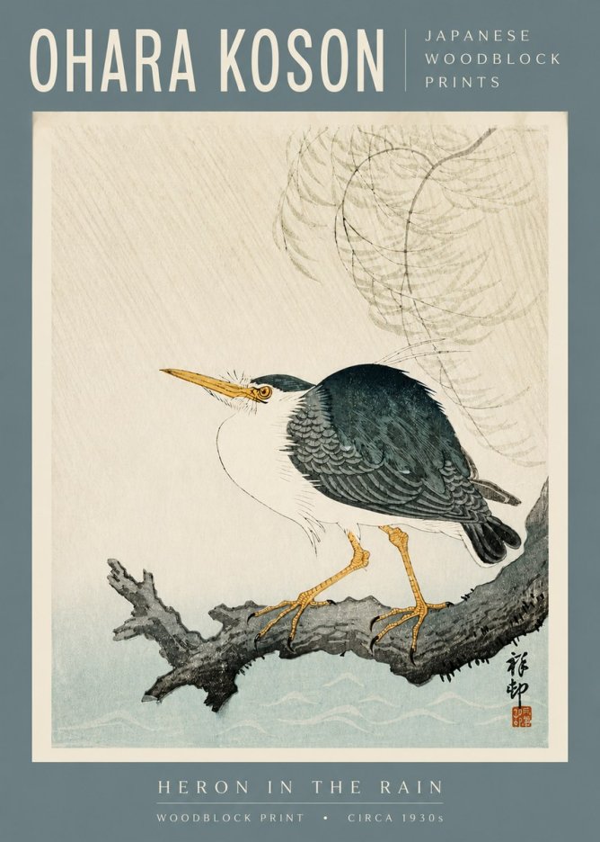 Ohara Koson Heron in the Rain No3 - Plakat