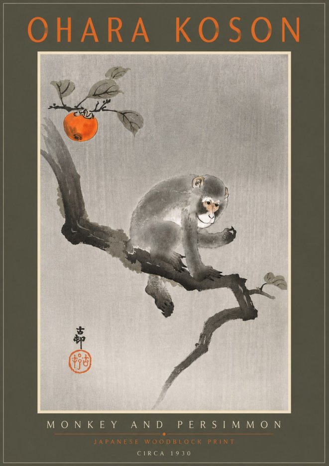 Ohara Koson Monkey and Persimmon No5 - Plakat