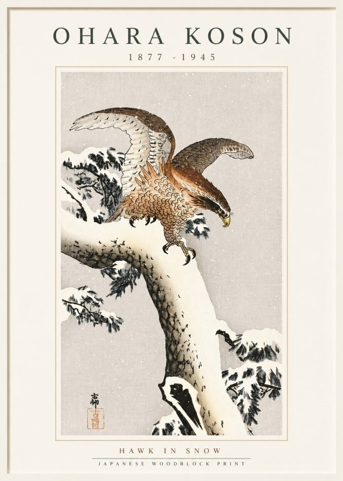 Ohara Koson Hawk in Snow No5 - Plakat