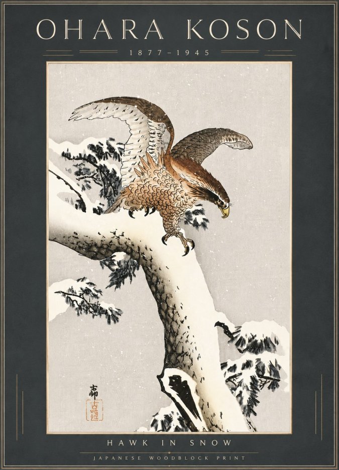 Ohara Koson Hawk in Snow No6 - Plakat