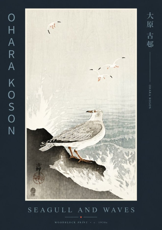 Ohara Koson Seagull and Waves No4 - Plakat