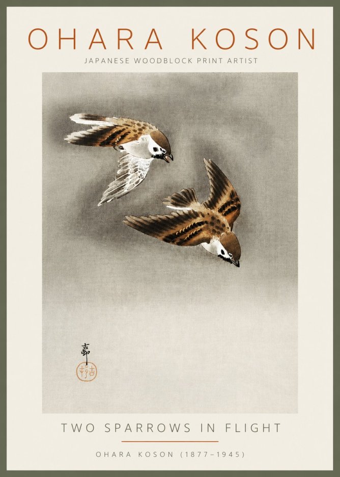 Ohara Koson Two Sparrows in Flight No2 - Plakat