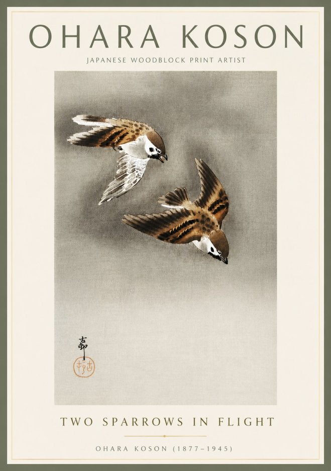 Ohara Koson Two Sparrows in Flight No4 - Plakat
