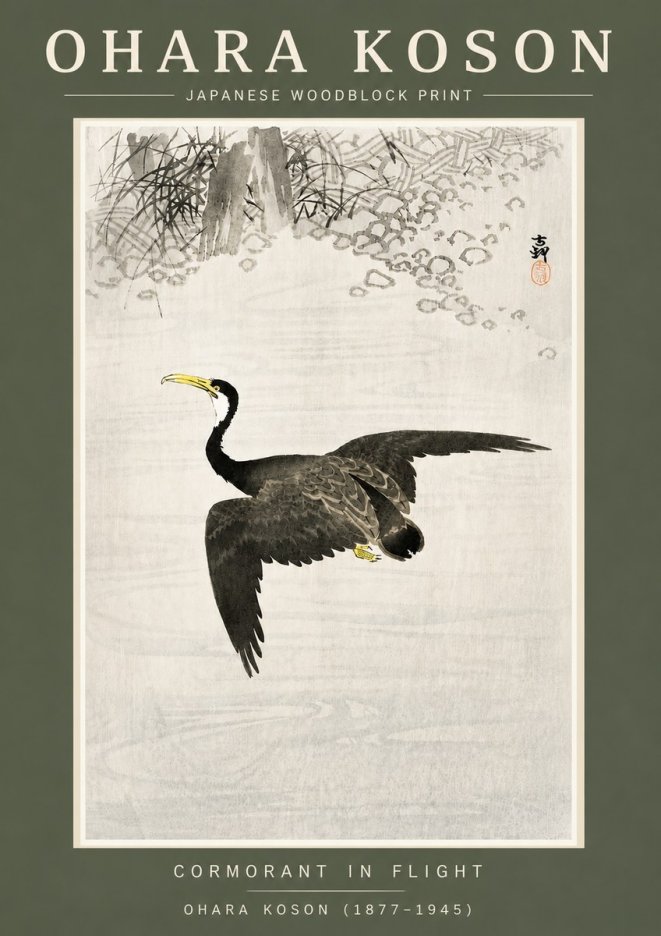 Ohara Koson Cormorant in Flight No4 - Plakat