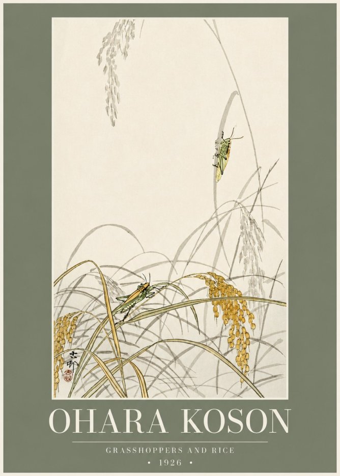 Ohara Koson Grasshoppers and Rice No2 - Plakat