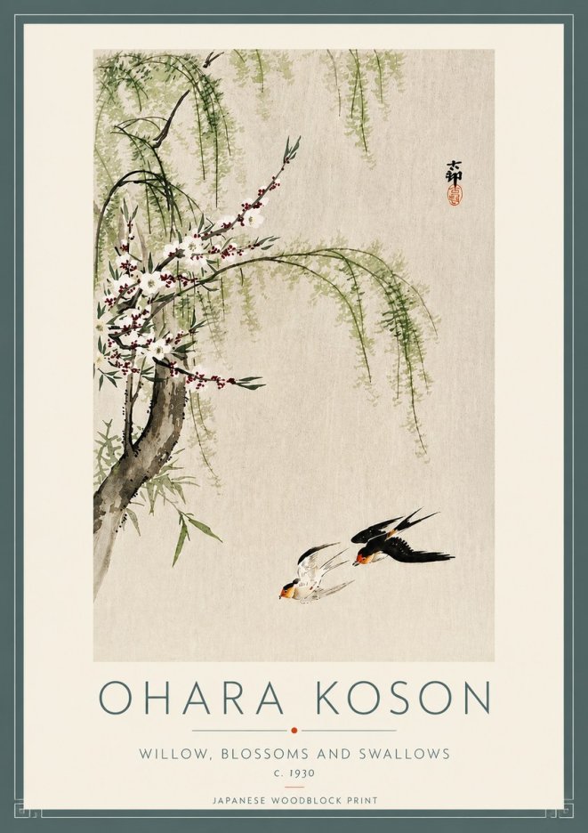Ohara Koson Willow, Blossoms and Swallows No4 - Plakat