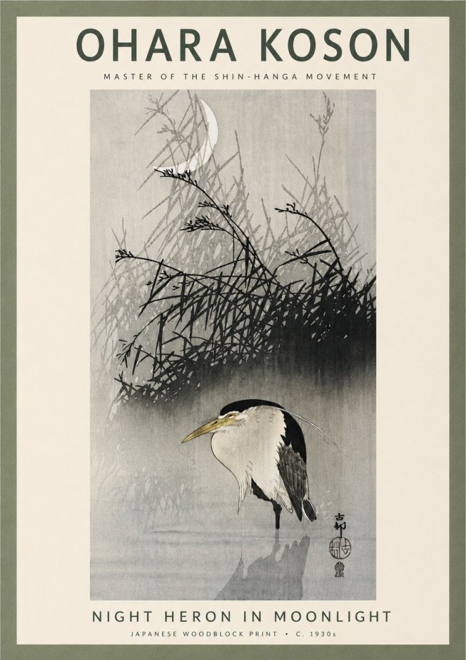 Ohara Koson Night Heron in Moonlight No4 - Plakat