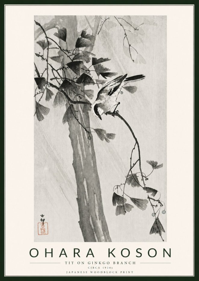 Ohara Koson Tit on Ginkgo Branch No5 - Plakat