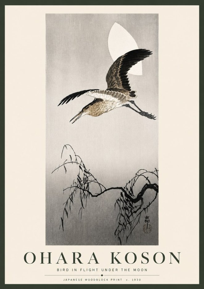 Ohara Koson Bird in Flight Under the Moon No5 - Plakat