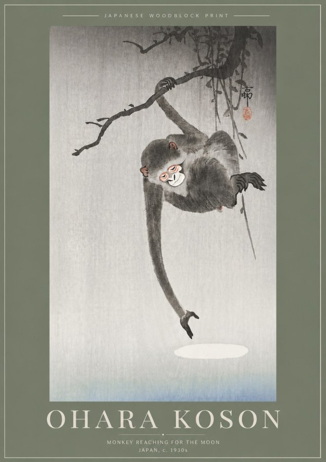 Ohara Koson Monkey Reaching for the Moon No5 - Plakat