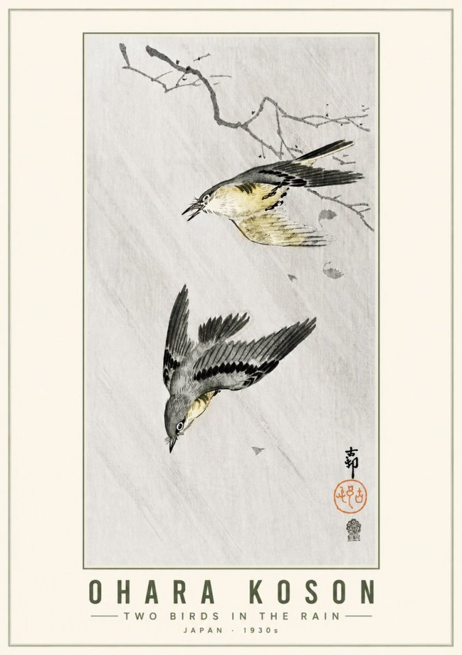 Ohara Koson Two Birds in the Rain No5 - Plakat