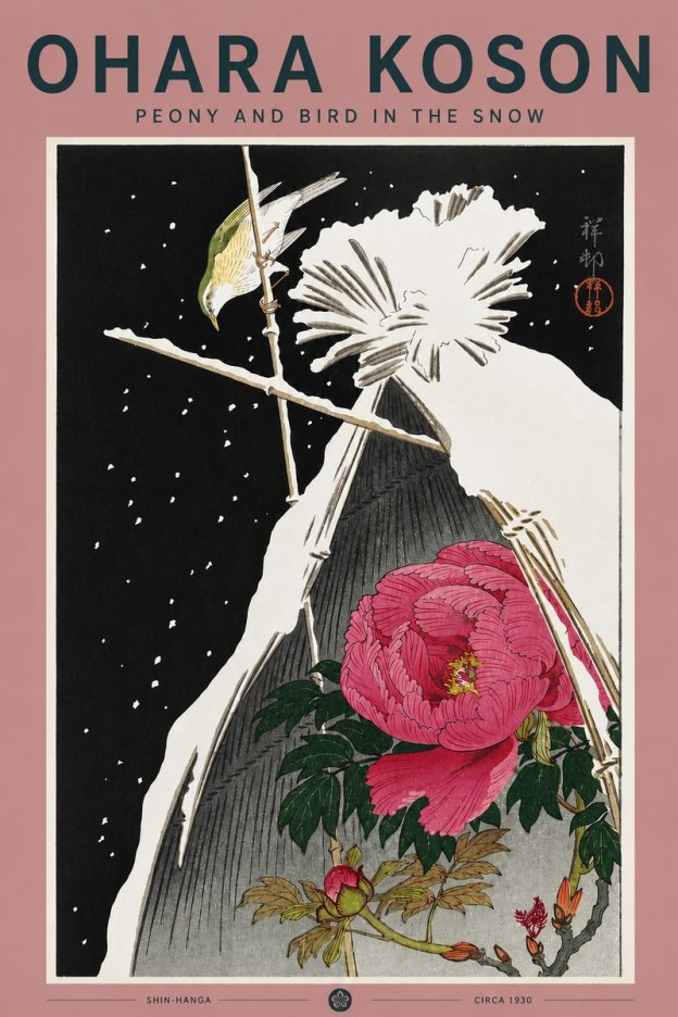 Ohara Koson Peony and Bird in the Snow No5 - Plakat