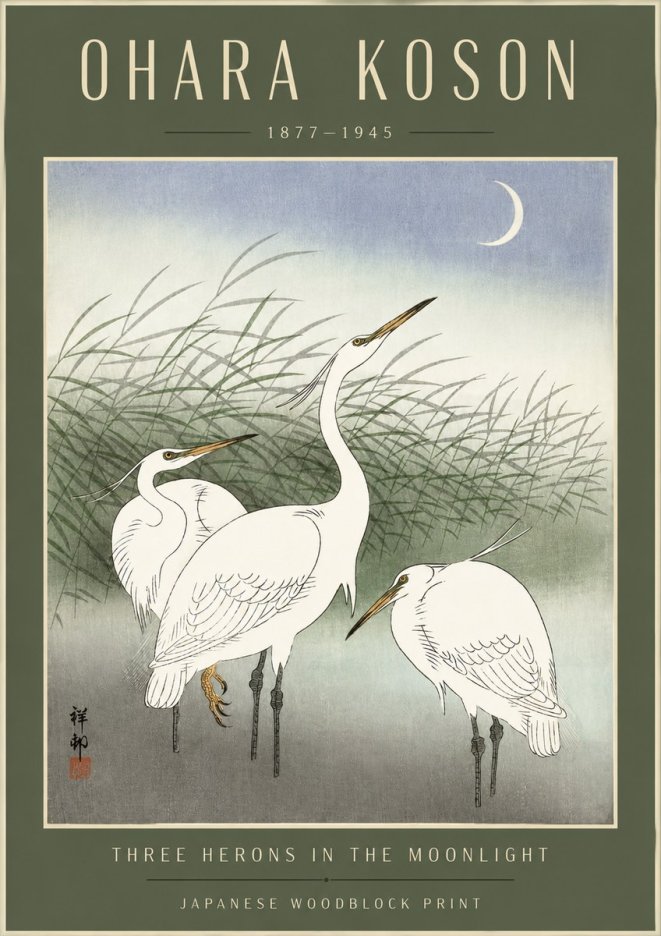 Ohara Koson Three Herons in the Moonlight No4 - Plakat