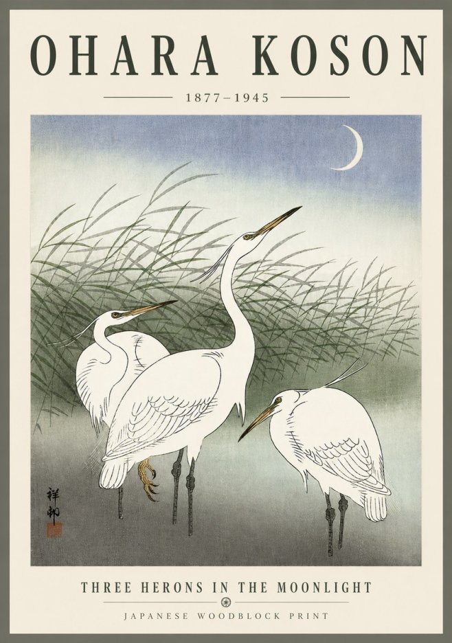 Ohara Koson Three Herons in the Moonlight No6 - Plakat