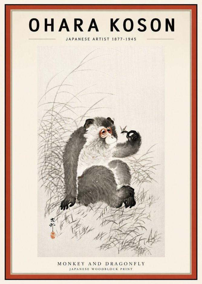 Ohara Koson Monkey and Dragonfly No3 - Plakat