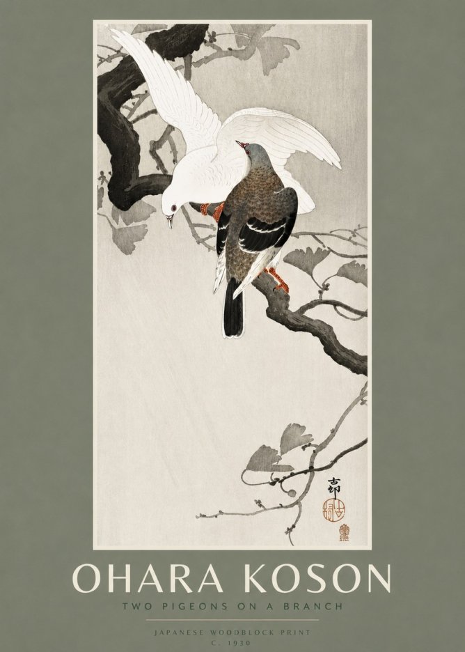 Ohara Koson Two Pigeons on a Branch No2 - Plakat