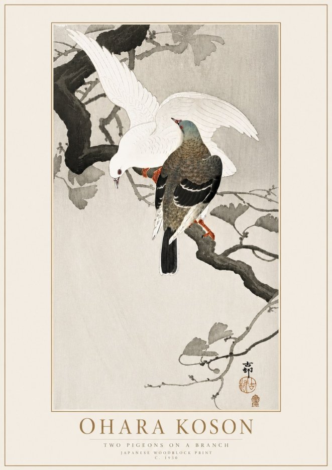 Ohara Koson Two Pigeons on a Branch No4 - Plakat