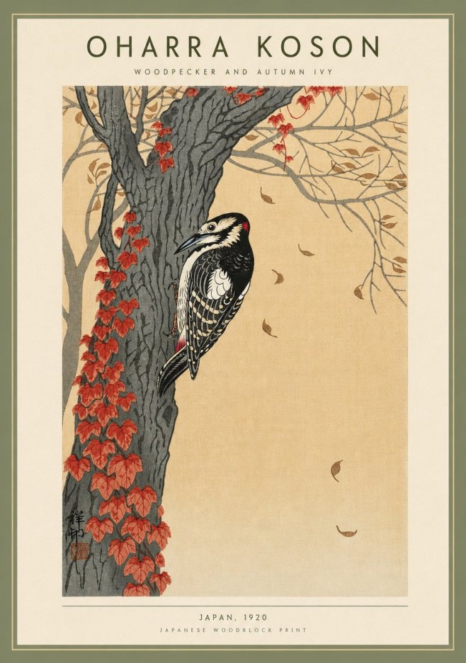 Ohara Koson Woodpecker and Autumn Ivy No4 - Plakat