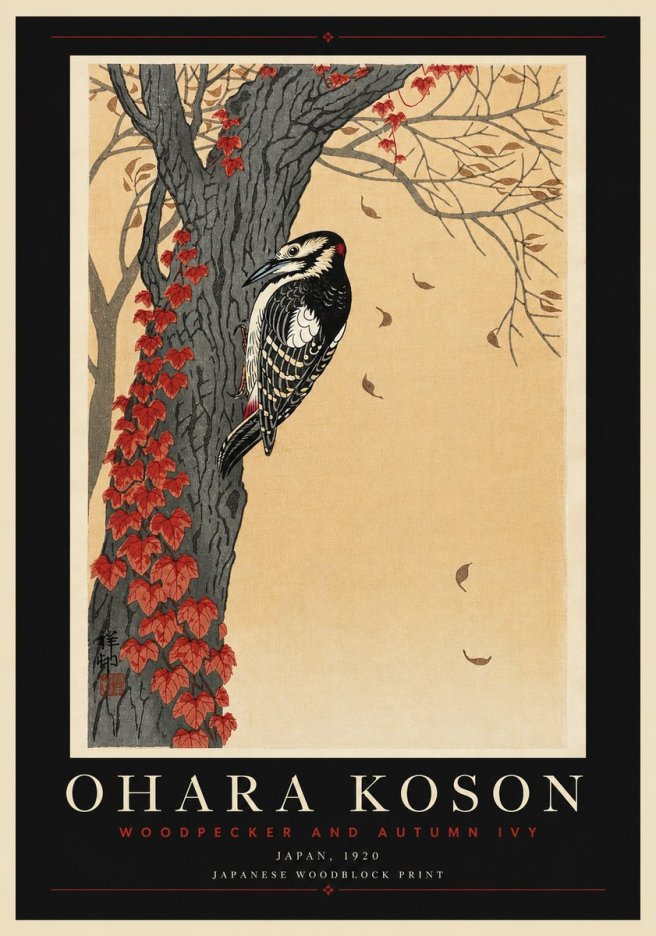 Ohara Koson Woodpecker and Autumn Ivy No6 - Plakat