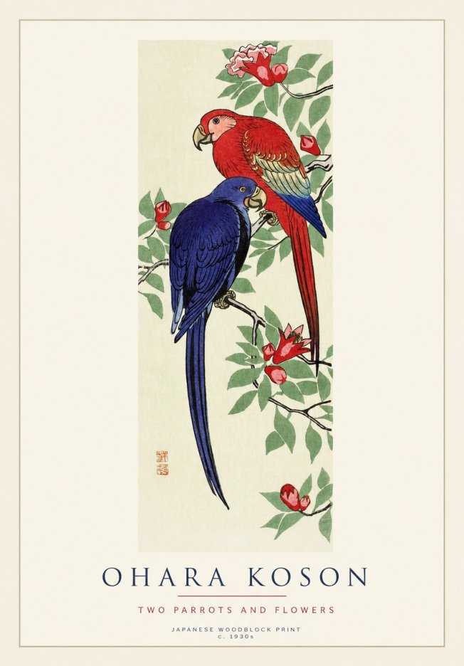 Ohara Koson Two Parrots and Flowers No1 - Plakat