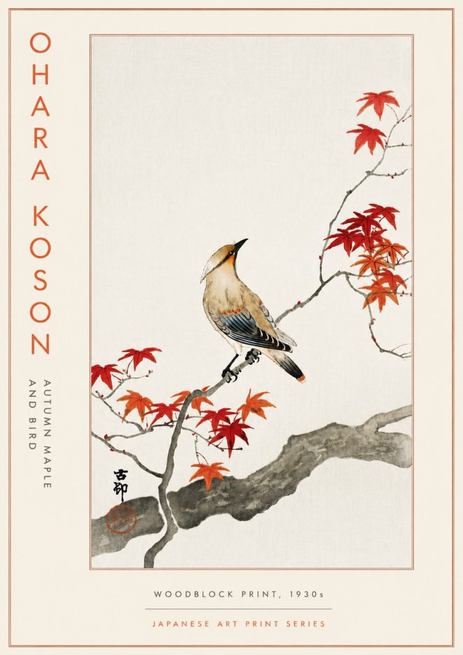 Ohara Koson Autumn Maple and Bird No5 - Plakat